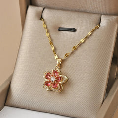 Exquisite Shiny Zircon Flower Pendant Necklace for Women Luxury Rotatable Flowers Stainless Steel Chain Necklace Party Jewelry
