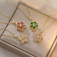 Exquisite Shiny Zircon Flower Pendant Necklace for Women Luxury Rotatable Flowers Stainless Steel Chain Necklace Party Jewelry