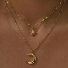 DOTIFI Stainless Steel Eight-Pointed Star Moon Pendant Double-Layer Necklace Women's Fashion Minimalist Commuter Chain Jewelry