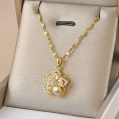 Exquisite Shiny Zircon Flower Pendant Necklace for Women Luxury Rotatable Flowers Stainless Steel Chain Necklace Party Jewelry