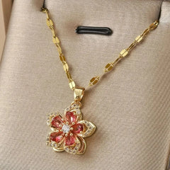 Exquisite Shiny Zircon Flower Pendant Necklace for Women Luxury Rotatable Flowers Stainless Steel Chain Necklace Party Jewelry