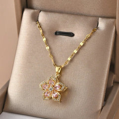 Exquisite Shiny Zircon Flower Pendant Necklace for Women Luxury Rotatable Flowers Stainless Steel Chain Necklace Party Jewelry