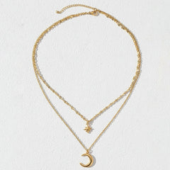 DOTIFI Stainless Steel Eight-Pointed Star Moon Pendant Double-Layer Necklace Women's Fashion Minimalist Commuter Chain Jewelry