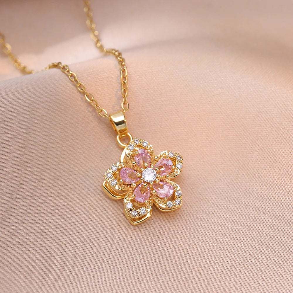 Exquisite Shiny Zircon Flower Pendant Necklace for Women Luxury Rotatable Flowers Stainless Steel Chain Necklace Party Jewelry