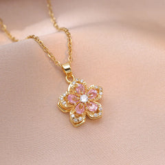 Exquisite Shiny Zircon Flower Pendant Necklace for Women Luxury Rotatable Flowers Stainless Steel Chain Necklace Party Jewelry
