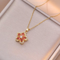 Exquisite Shiny Zircon Flower Pendant Necklace for Women Luxury Rotatable Flowers Stainless Steel Chain Necklace Party Jewelry