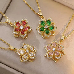 Exquisite Shiny Zircon Flower Pendant Necklace for Women Luxury Rotatable Flowers Stainless Steel Chain Necklace Party Jewelry