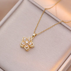 Exquisite Shiny Zircon Flower Pendant Necklace for Women Luxury Rotatable Flowers Stainless Steel Chain Necklace Party Jewelry